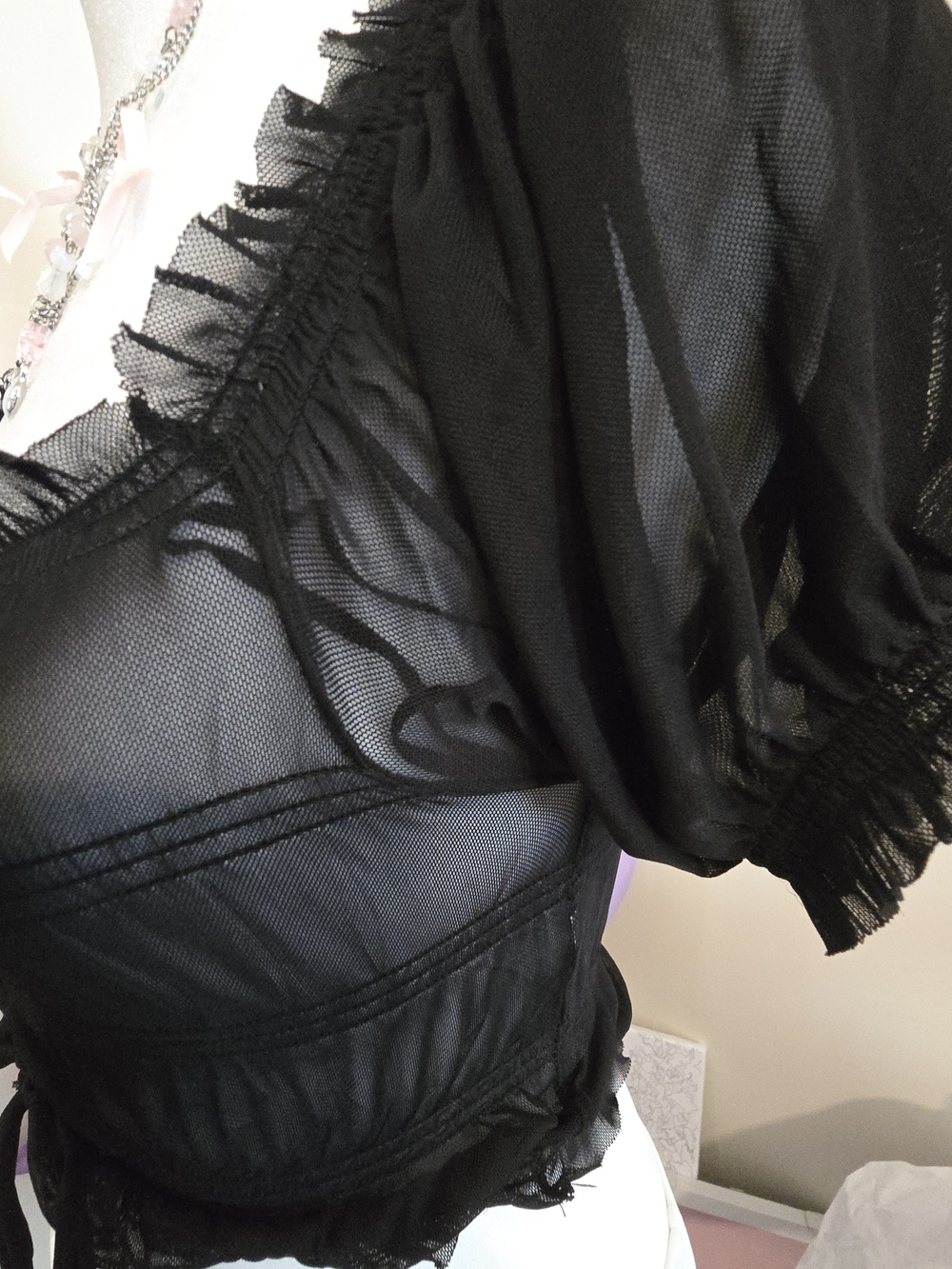 Garage Black Sheer Mesh Ruched Milkmaid Crop Top XS Whimsigoth Puff Sleeve - Picture 7 of 11